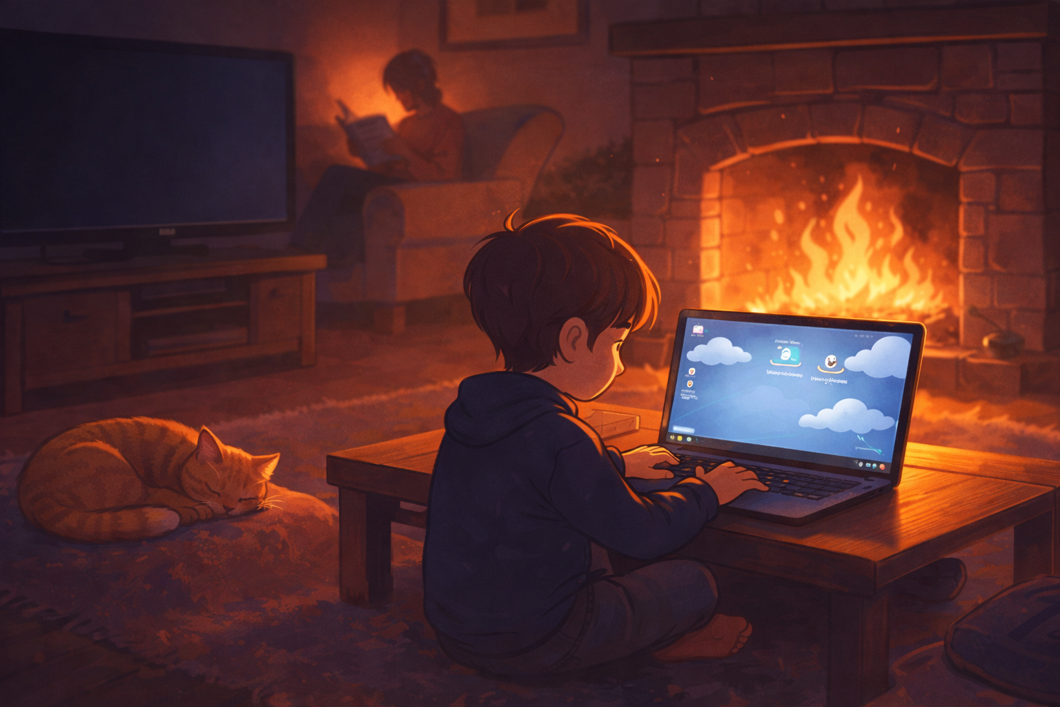 Enfant faisant ses devoirs dans une ambiance chaleureuse