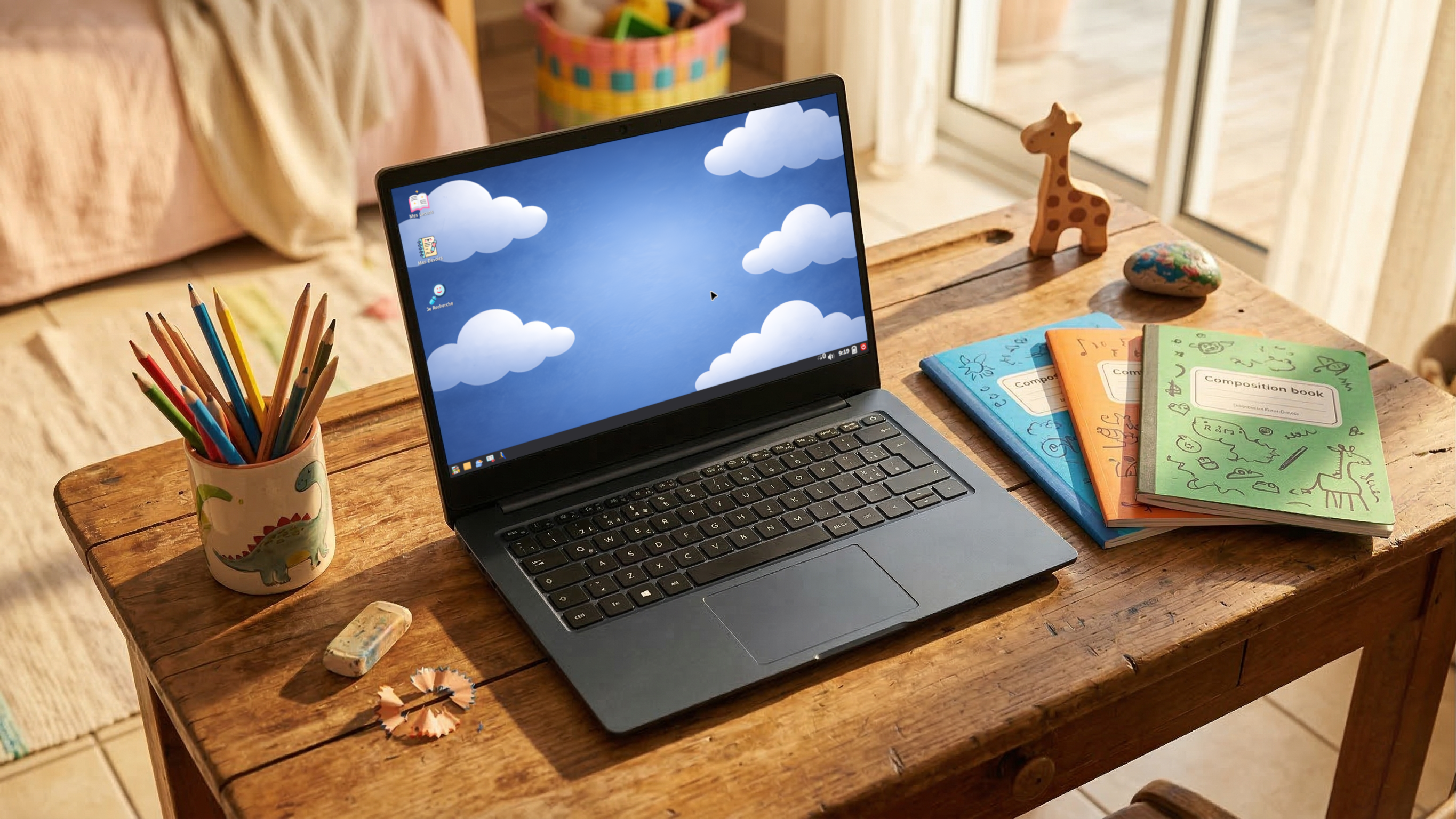 Ordinateur portable sur le bureau d'un enfant