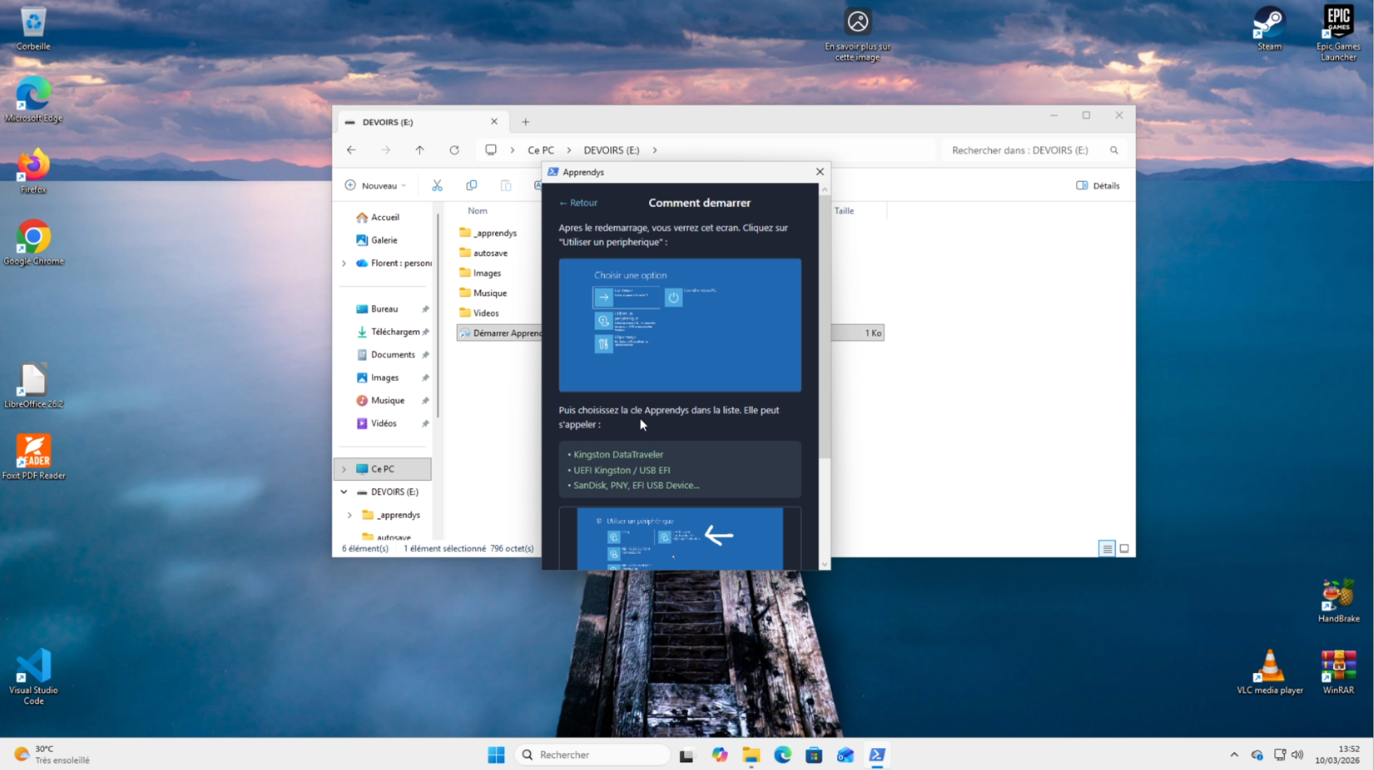 Écran après avoir cliqué Redémarrer
