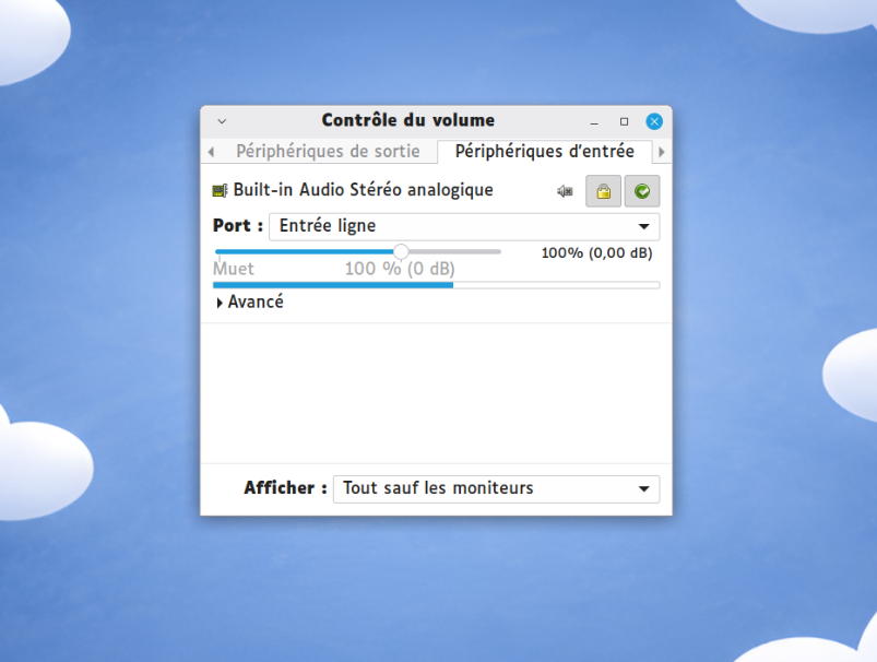 Barre de niveau bleue qui monte fortement lorsqu'on parle dans le microphone