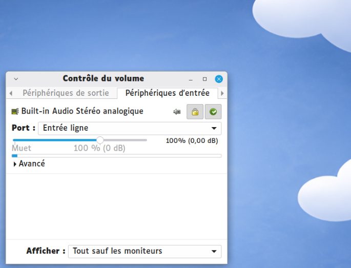 Barre de niveau bleue presque vide en l'absence de son dans la pièce