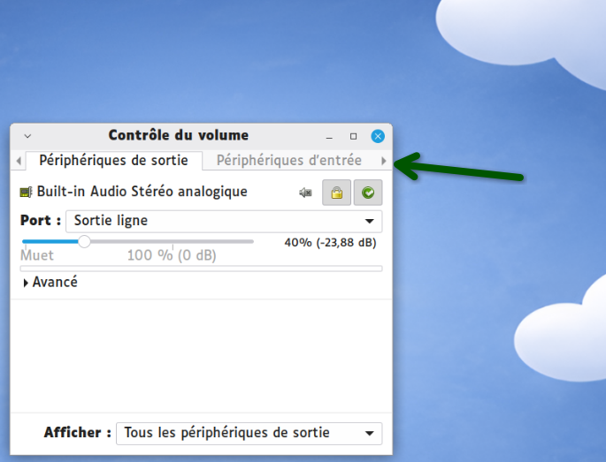 Fenêtre du Mixeur audio avec l'onglet Périphériques d'entrée en surbrillance