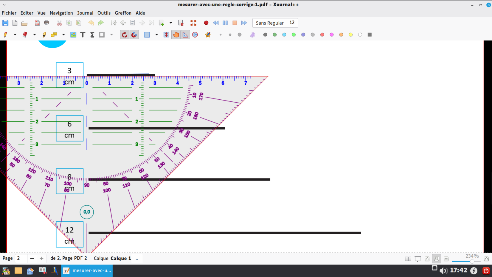 L'équerre affichée à l'échelle réelle sur un exercice au format A4