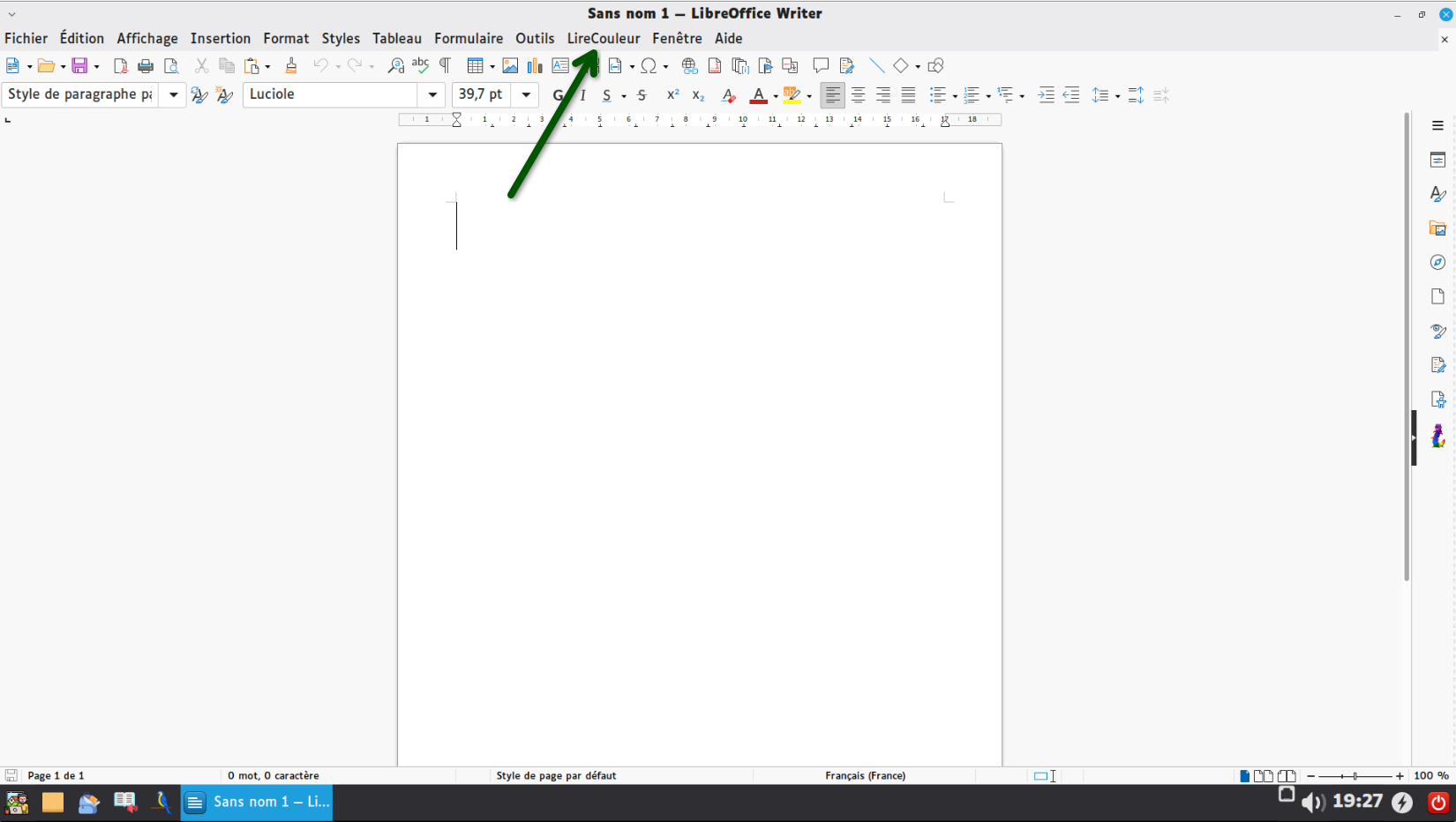 Barre de menu de l'application Mes Leçons avec le menu LireCouleur visible en haut