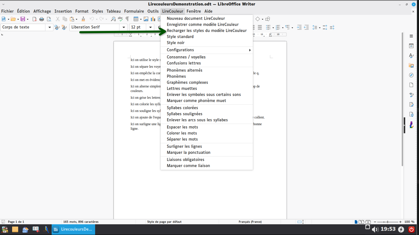 Option Style Standard dans le menu LireCouleur pour réinitialiser la mise en forme