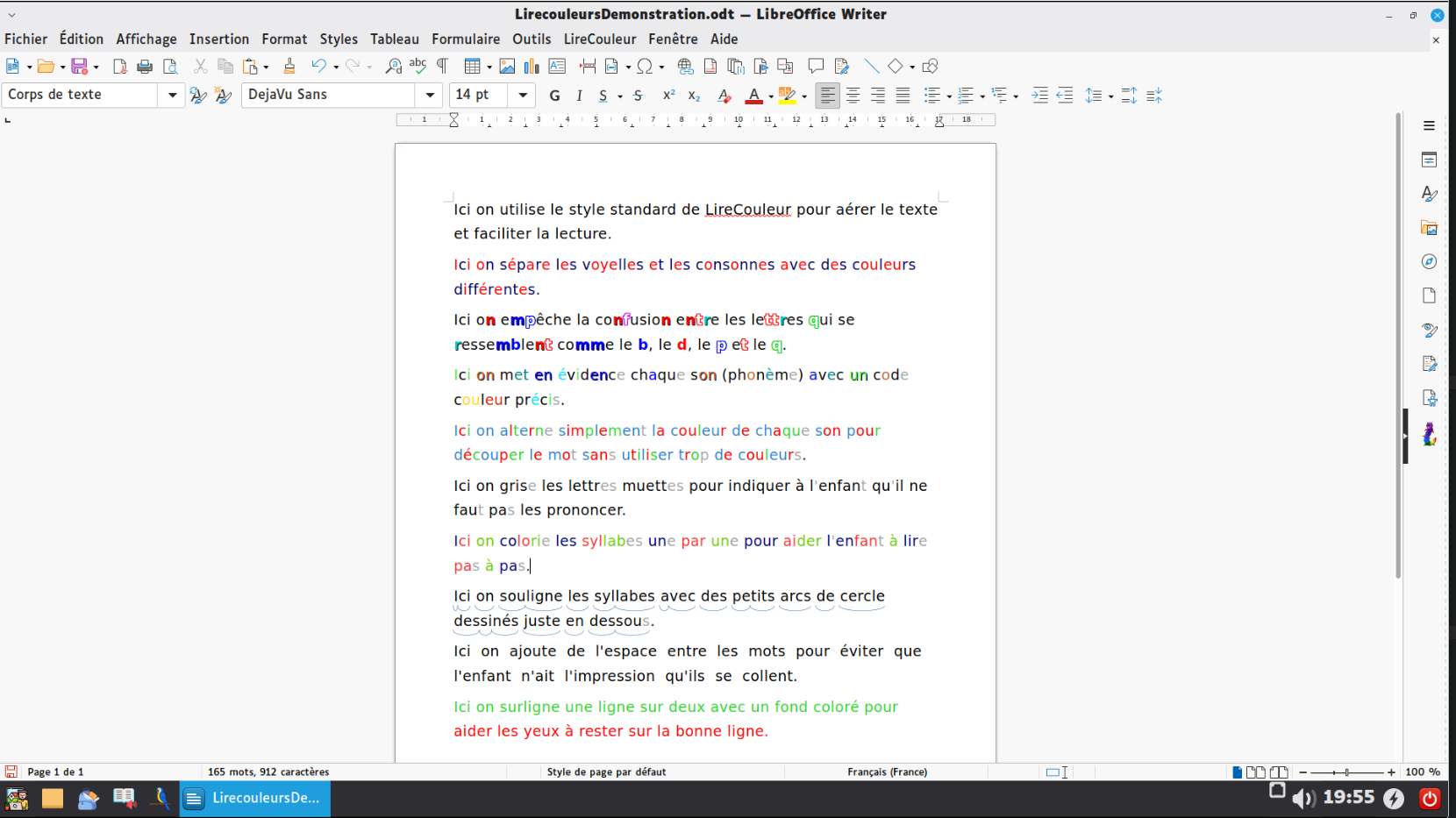 Texte transformé par LireCouleur avec des couleurs facilitant la lecture pour un enfant dyslexique