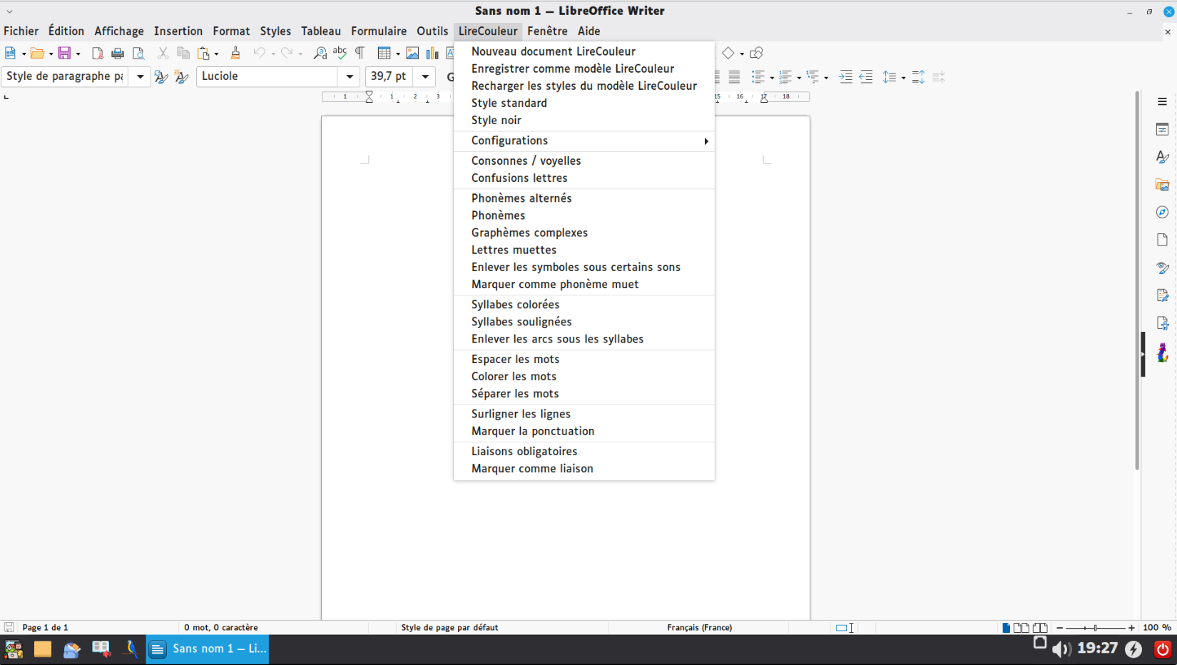 Menu déroulant LireCouleur ouvert avec la liste des outils disponibles